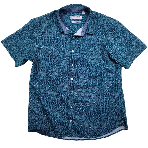 Nick Graham Other - Nick Graham Mens XL Shirt Blue Floral‎ Print Modern Fit Short Sleeve Button Up